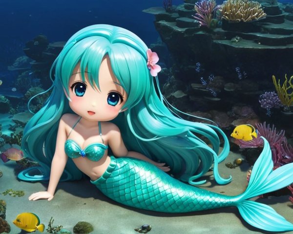 Vibrant underwater scene with anime-style mermaid