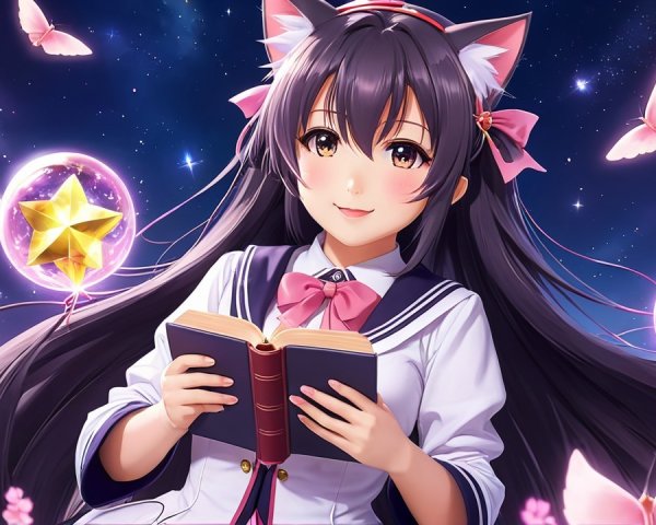 Young girl with cat ears in a magical night scene