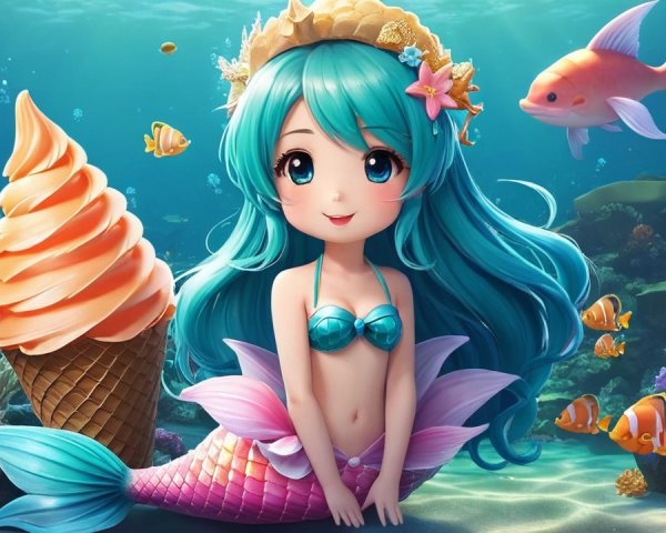 Whimsical Underwater Scene with Mermaid and Coral Reef