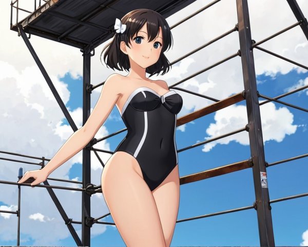 Cheerful girl in black swimsuit on diving platform