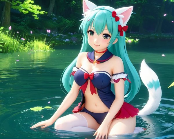 Teal-Haired Anime Character in Serene Pond Setting
