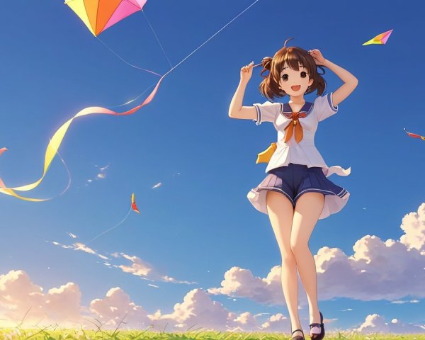 Young Girl in School Uniform Flying Colorful Kite