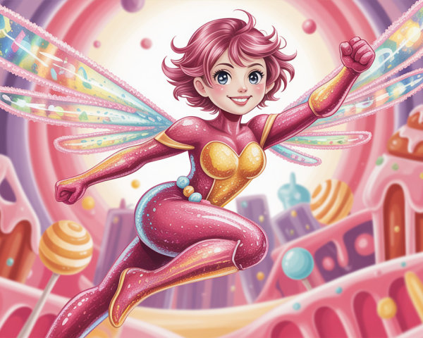 Joyful Fairy Superhero in Whimsical Candyland Setting