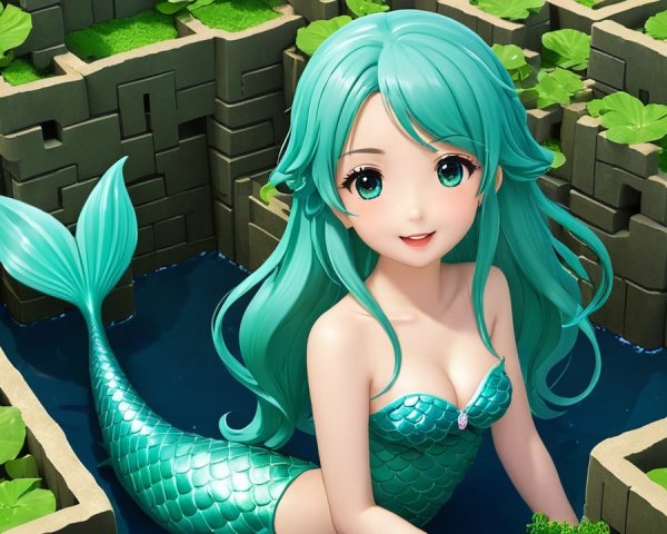 Vibrant Mermaid in a Serene Water Maze Scene