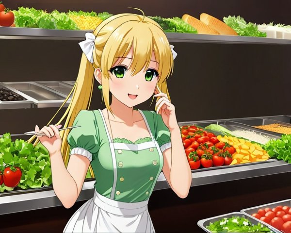 Cheerful Anime Girl in Colorful Market Scene