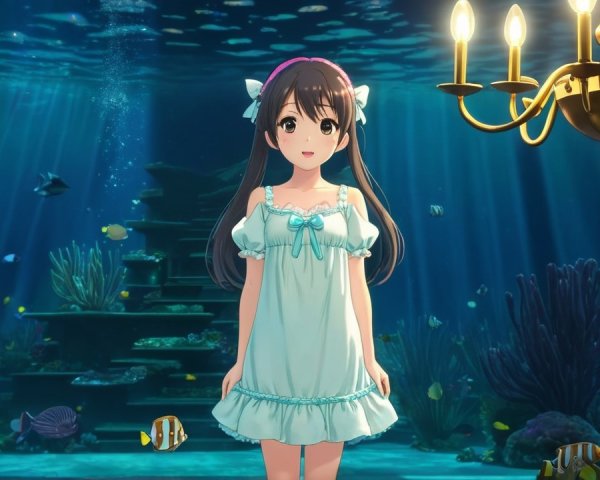 Young girl underwater with colorful fish and coral