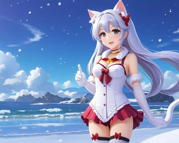 Anime Character with Silver Hair at Snowy Beach