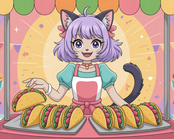 Anime Cat Girl at Colorful Carnival Taco Stall