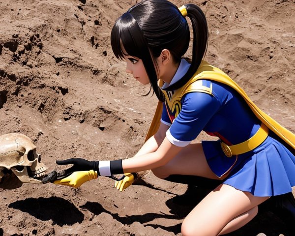 Character in Blue and Yellow Costume Examines Skull