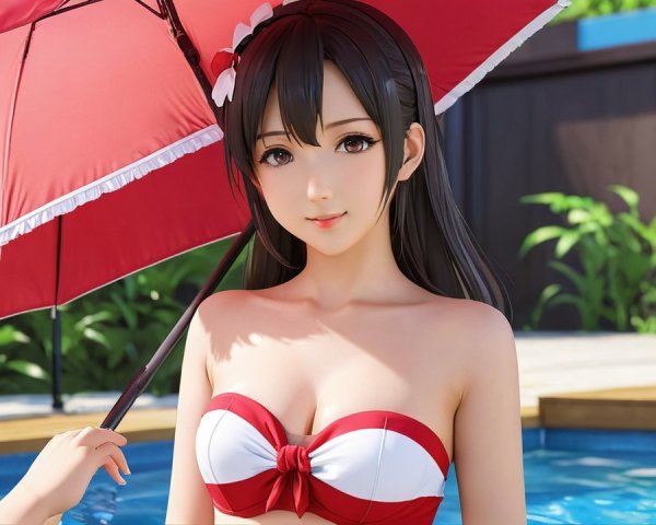 Young woman in bikini by a sunny swimming pool