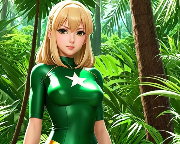 Confident Character in Emerald Outfit in Jungle Setting