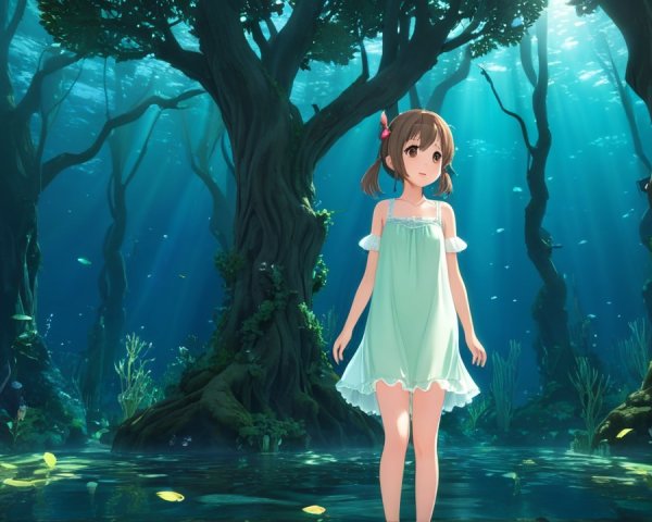 Underwater Scene with a Young Girl and Aquatic Plants