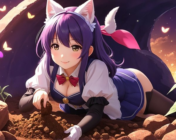 Cheerful girl with cat ears in a whimsical garden scene