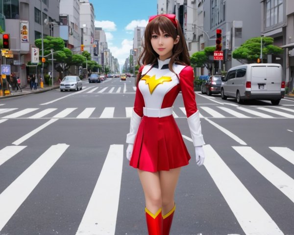 Young woman in superhero costume at urban crosswalk