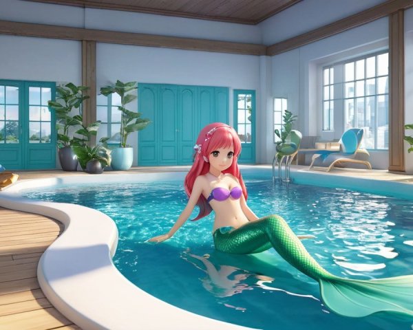 Mermaid in Vibrant Indoor Pool with Sunlit Decor