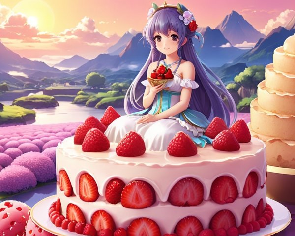 Whimsical Scene of Girl on Cake with Sunset Background