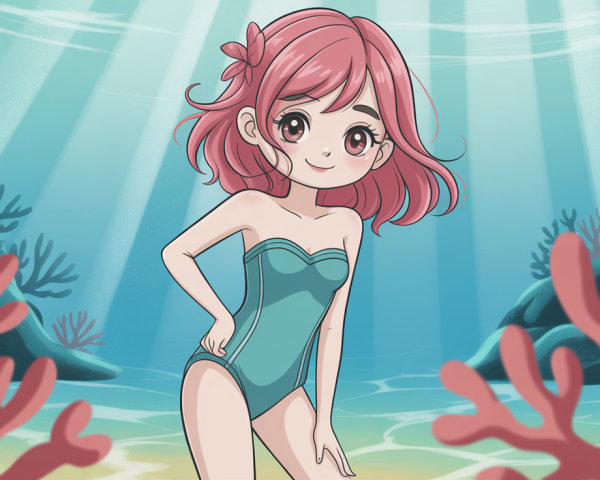 Anime-style girl in teal swimsuit underwater scene