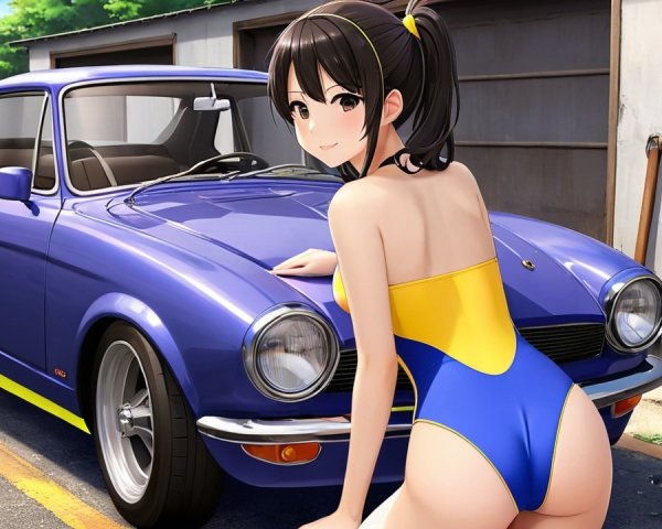 Anime Girl Posing Next to Vintage Blue Car