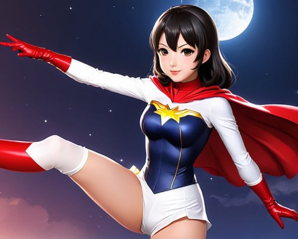 Dynamic Superheroine in Vibrant Costume Under Moonlight