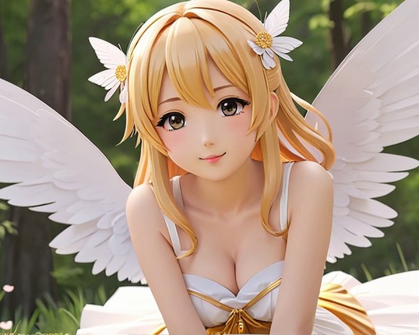 Anime-style character with blonde hair in a forest