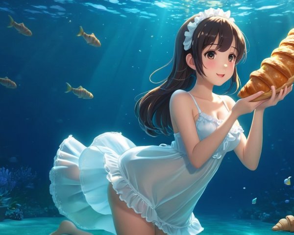 Young woman in white dress kneeling underwater with fish