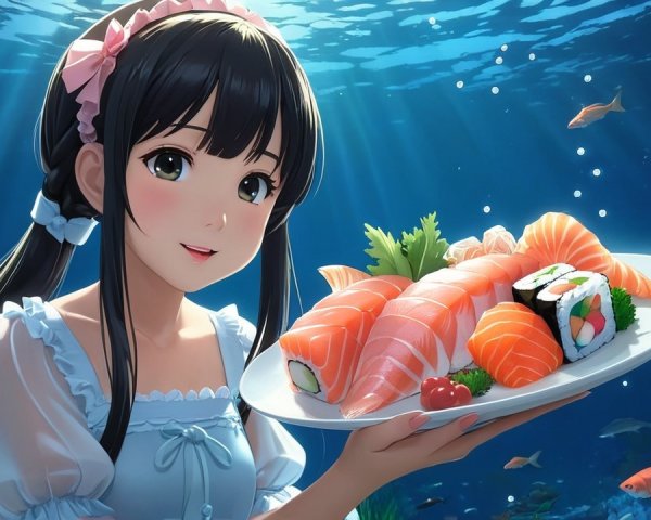 Cheerful girl with sushi in serene underwater scene