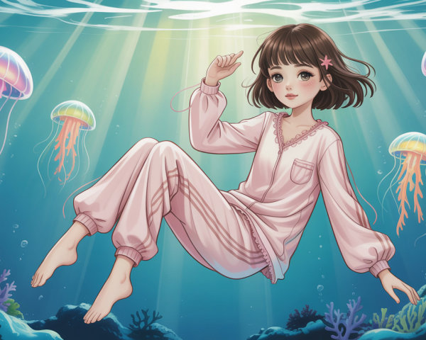 Anime of a girl underwater with jellyfish and corals