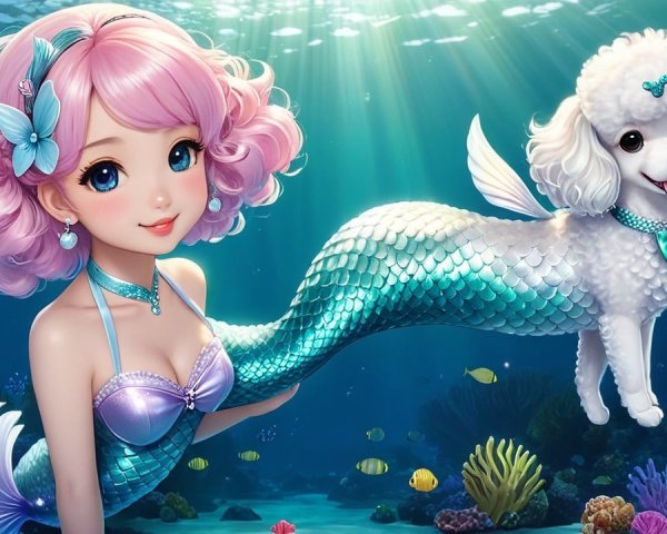 Whimsical Underwater Scene with Mermaid and Poodle