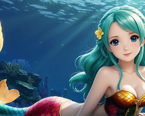 Vibrant Underwater Scene with Mermaid and Coral