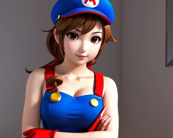 Stylized Female Character in Bright Blue Hat and Red Overalls