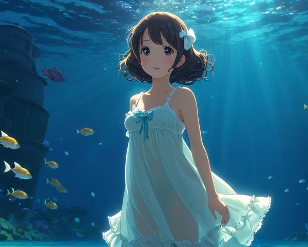 Young girl underwater in flowing dress with fish and coral