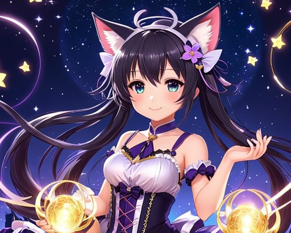 Magical Character with Cat Features in Starry Night
