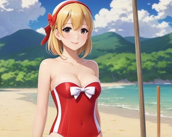 Cheerful woman in red swimsuit on sunlit beach