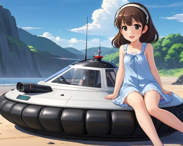 Young girl on hovercraft at sunny beach scene