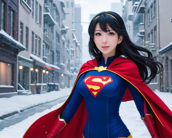 Superheroine in Snowy Urban Street with Iconic Emblem