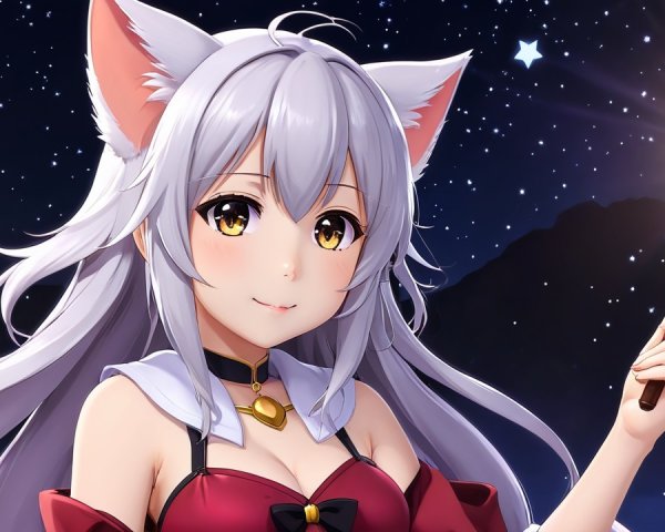 Anime Character with Silver Hair Under Starry Sky