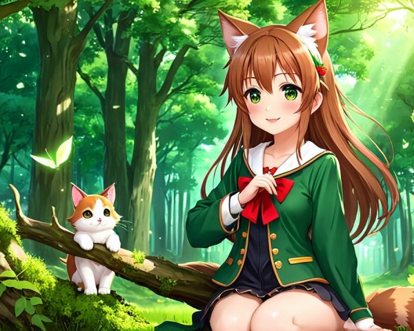 Young girl with fox ears in a sunlit forest setting