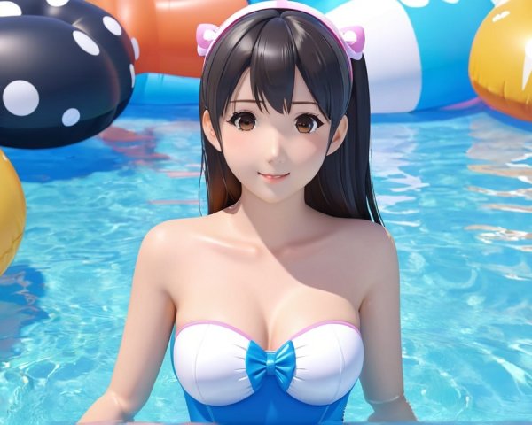 Young woman in stylish swimsuit in blue pool setting