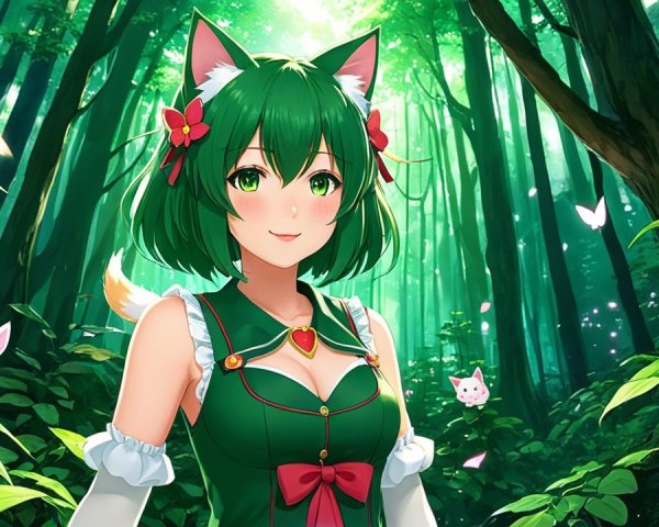 Whimsical Forest Scene with Cheerful Girl and Animals
