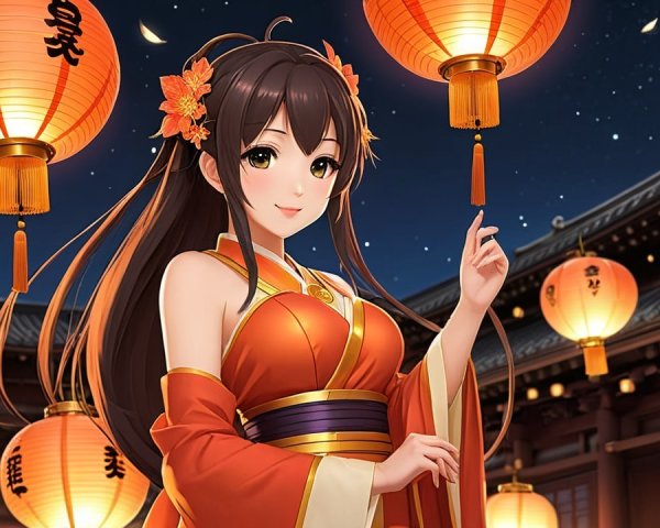 Elegant Character Under Lanterns in Orange Kimono