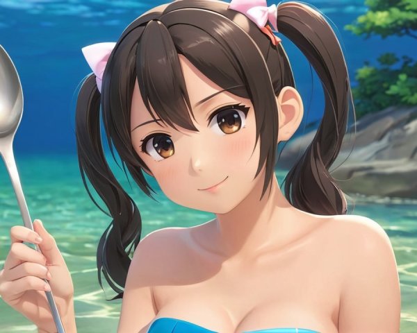 Cheerful girl in blue bathing suit by serene water