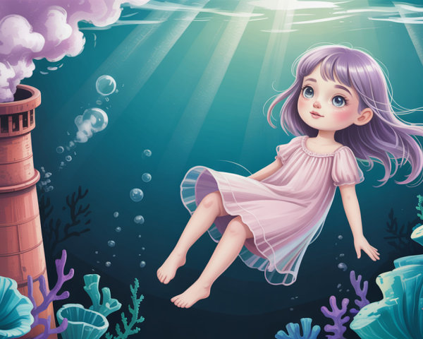 Underwater Scene of Girl with Lavender Hair and Coral