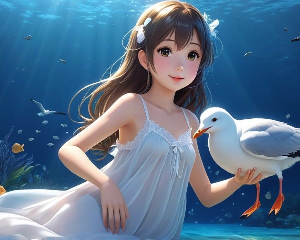 Young girl in white dress underwater with seagull