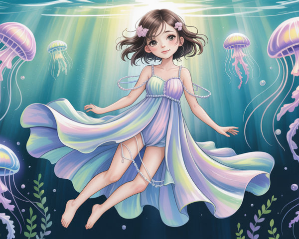 Anime Girl Floating Among Jellyfish in Dreamy Underwater Scene