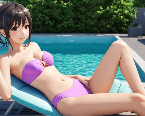 Young woman relaxing by pool in violet bikini
