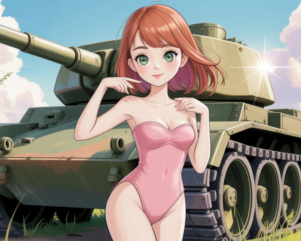 Anime-style illustration of girl with tank backdrop