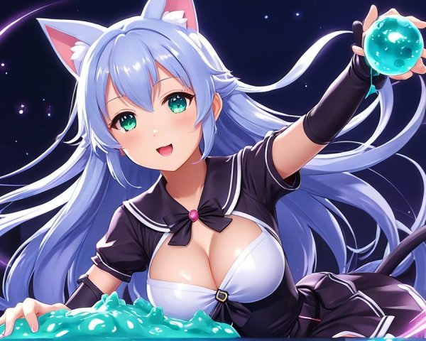 Playful Character with Cat Ears in Fantasy Scene