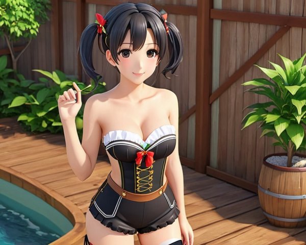 Cheerful Animated Character by Poolside Deck
