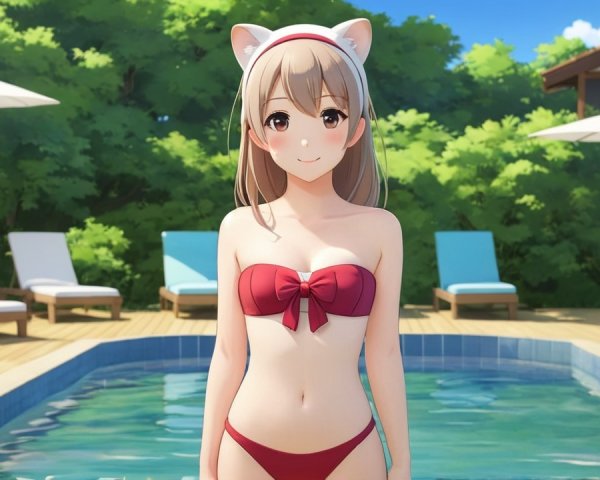 Young Woman in Red Bikini by Sparkling Pool