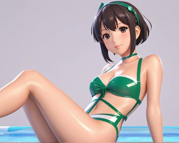 Anime Character in Green Bikini by Poolside